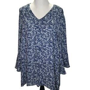 Marybelle Women’s 3X Blue Floral Tunic Top Long Sleeve V-Neck Plus Size